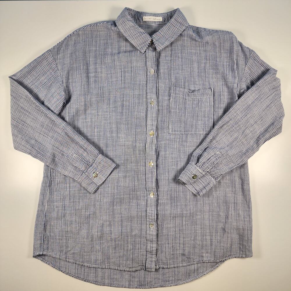 BeCool Blue White Stripe Button Up Shirt Linen Blend S/M Casual Top - Picture 2 of 10